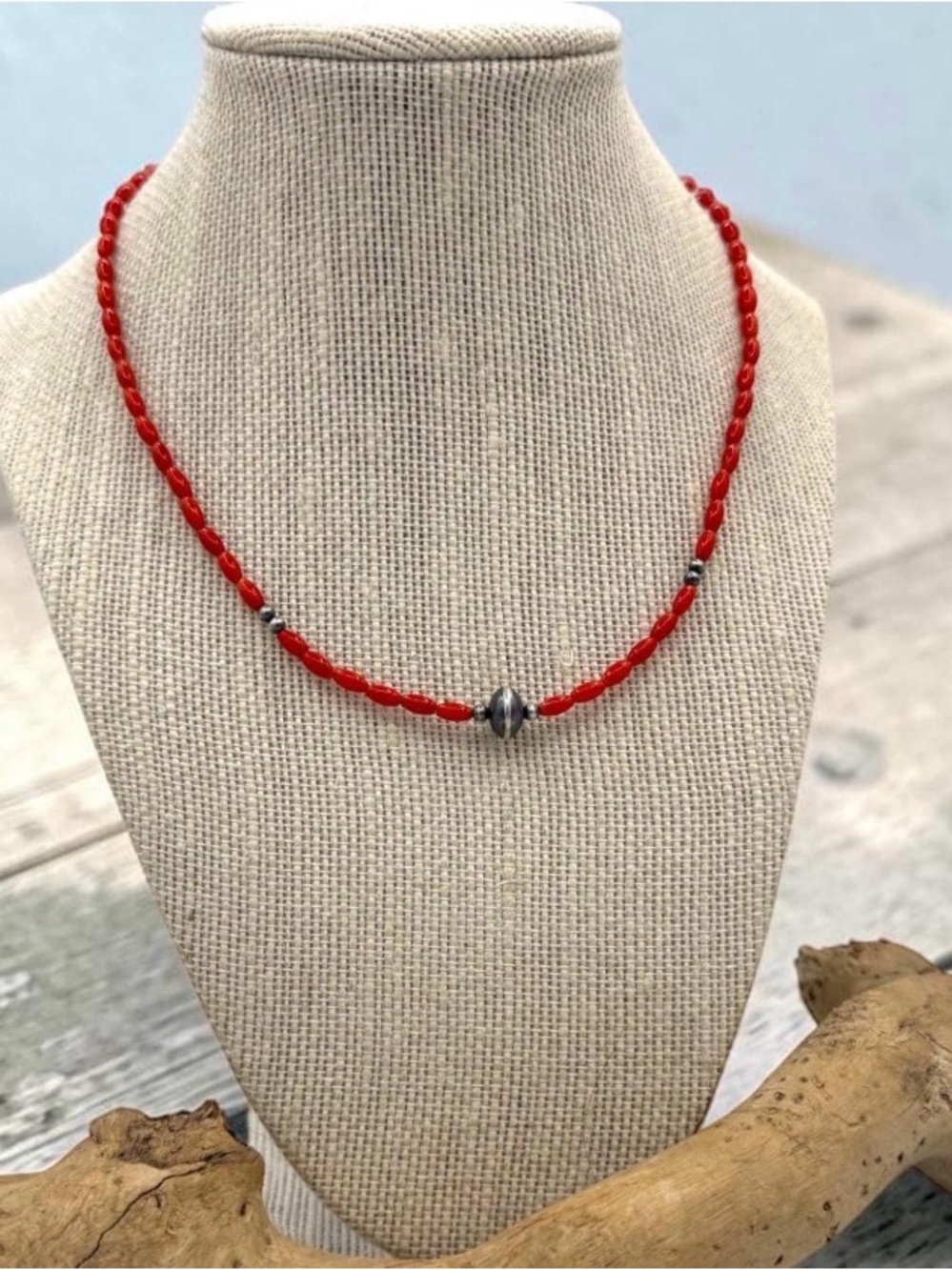 Navajo / Native American Red Coral + Sterling Silver Beaded Necklace (T26)
